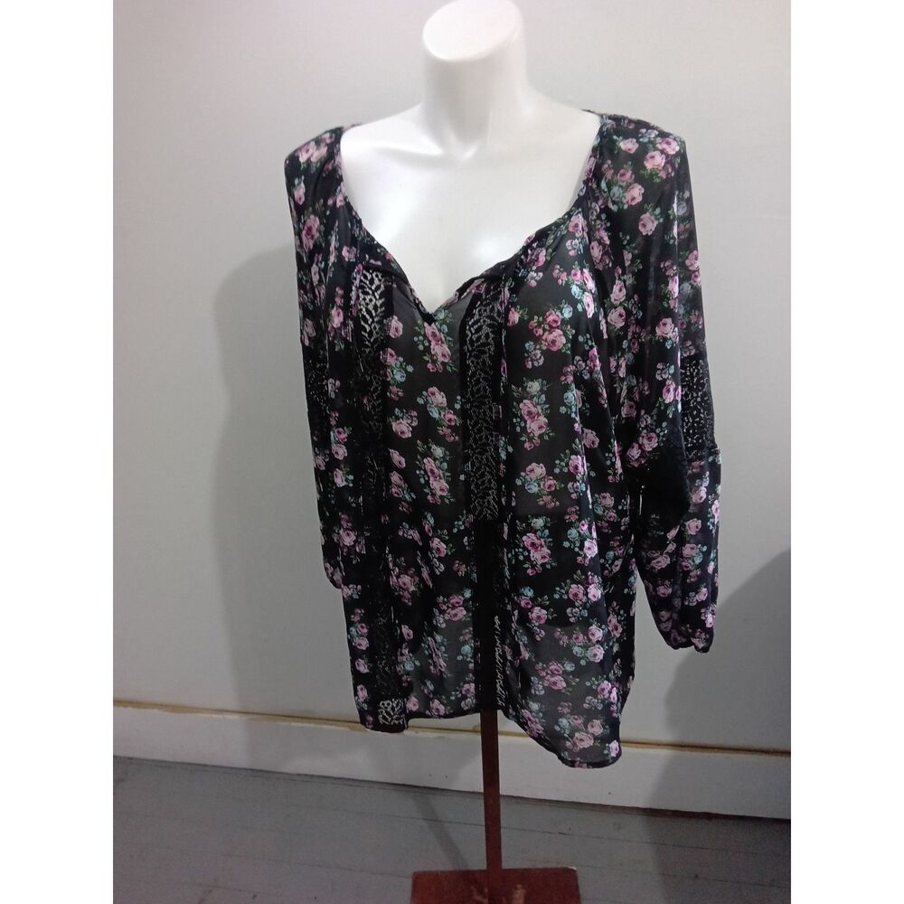 Derek Heart Plus Black Floral Sheer Tunic Top Lace Trim Size 3X
